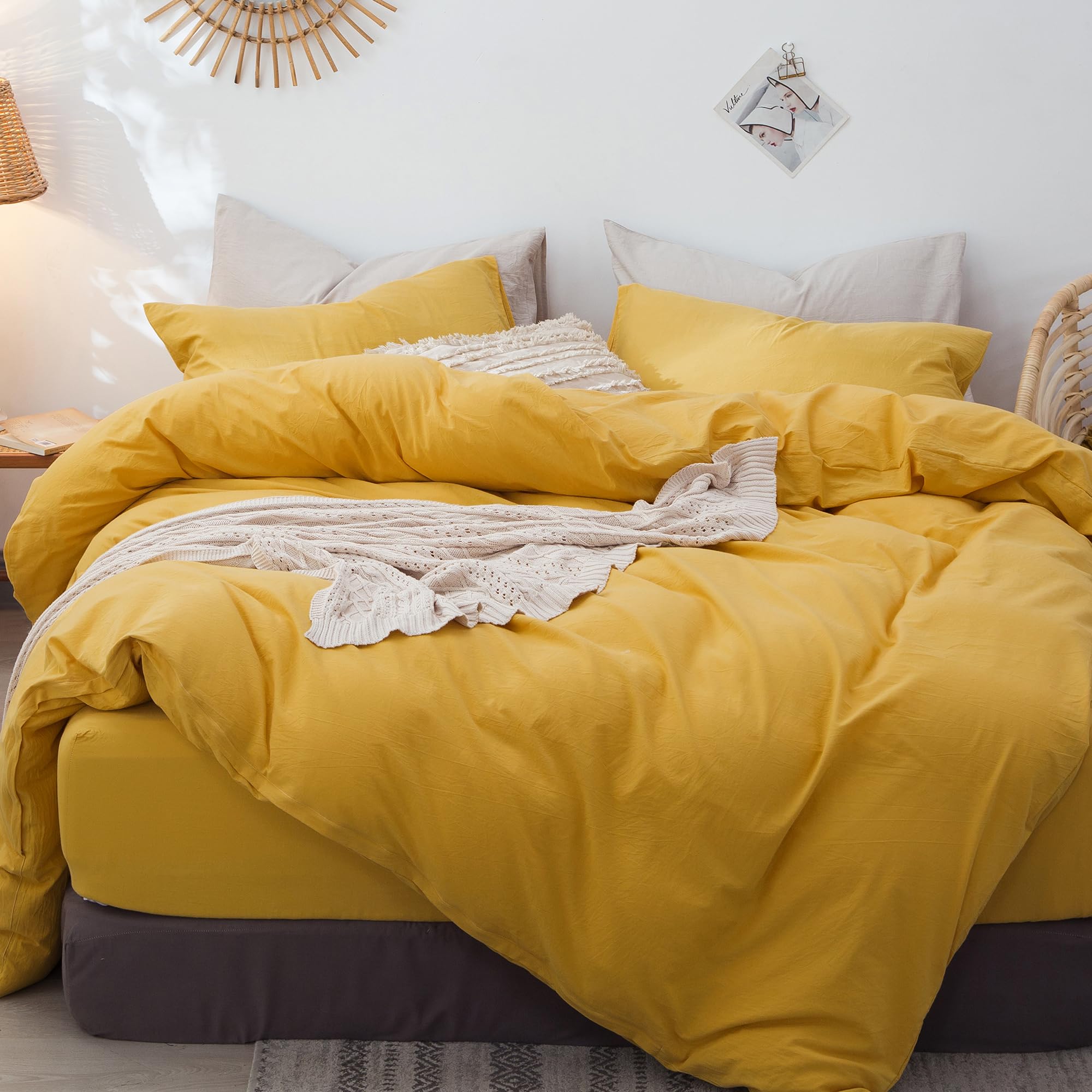 Moomee Bedding Duvet Cover Set 100% Washed Cotton Linen Like Textured Breathable Durable Soft Comfy (Yellow, Twin)